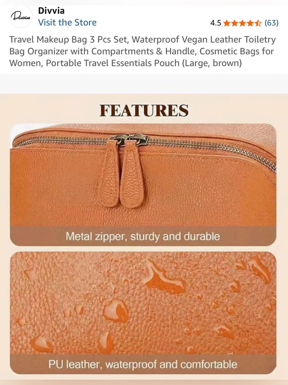 Divvia Travel Makeup 3 Pcs Set, Waterproof Leather Organizer - Large